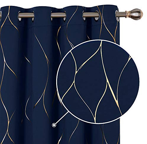 Deconovo 2 Vorhänge mit Ösen, Verdunkelungsvorhang, Thermovorhang, Kälteschutz, Motiv: Goldene Linie, Baby, 132 x 214 cm, Marineblau