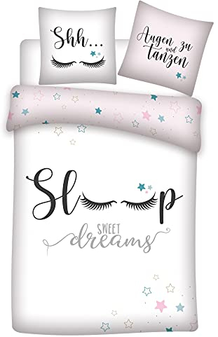 Familando Sweet Dreams Bettwäsche 135x200 | 100% Baumwolle | Sleep Lashes Wimpern Sterne Bettwäsche für Mädchen (Alt-Rosa)