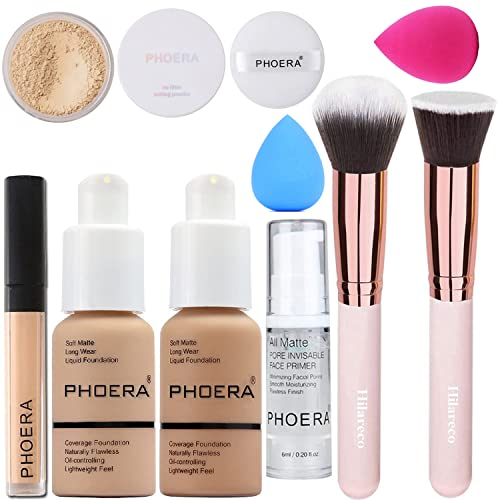 PHOERA Foundation,PHOERA Primer, PHOERA Puder,PHOERA Abdeckstift Concealer Cover Flüssigmatt Full Coverage, Make Up Foundation Pinsel and Puder Pinsel, Make up Schwamm (104 Buff Beige + 105 Sand)
