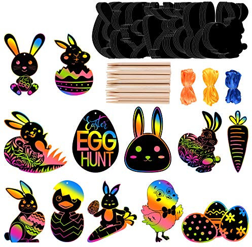 FEPITO 24 Stück Oster-Kratzpapier-Kits, Hasen-Kratzpapier, schwarz, Kritzelblock, magische Malbrett, Basteln mit 10 Holzstiften und 8 m Bändern für Ostern