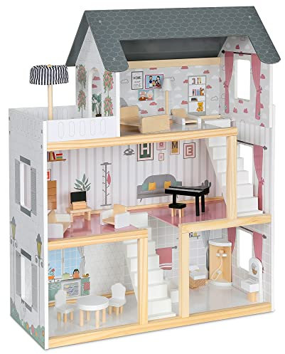 Lil' Jumbl Maison de Poupee en Bois pour Enfants, 17 Accessoires et Meubles Inclus, avec Balcon & Escalier, Maison de Poupée à 3 Étages Facile à Assembler