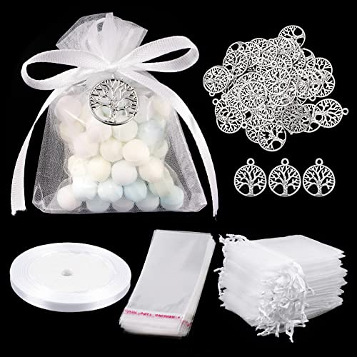 BETESSIN 50er Set Lebensbaum Mitgebsel - inkl. 50 Lebensbaum Charms Anhänger, 50 Organzasäckchen und 50 Plastiktüten - Gastgeschenke zur Hochzeit, Kommunion, Konfirmation, Taufe uvm.