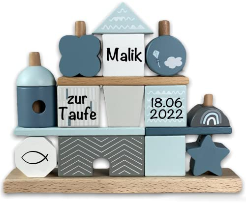 Taufgeschenk Spielzeug Steckspiel Haus Blau - Erinnerung an die Taufe - Taufdatum, Name bedruckt personalisiert für Kind und Baby - Geschenkidee von Paten