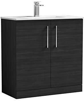 nuie ARN605B Arno Modern Bathroom Floor Standing 2 Door Vanity Unit with Minimalist Ceramic Basin, Woodgrain Charcoal Black