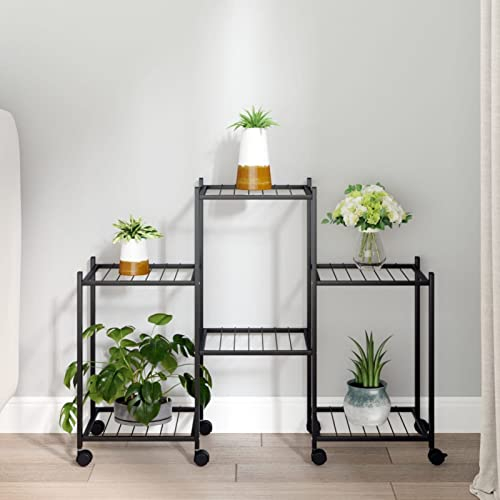 Gecheer Blumenständer mit Rollen Blumentreppe Pflanzenständer Blumenregal Pflanzentreppe Pflanzregal Blumenbank Eisen Schwarz 83x25x63,5 cm