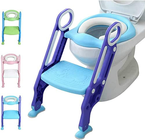 Siège de Toilette pour Enfants Pliable et Hauteur Réglable, Réducteur de Toilette pour Bébé avec Marches Larges et Antidérapantes, Lunette de Toilette Rembourré Confortable-bleu + violet
