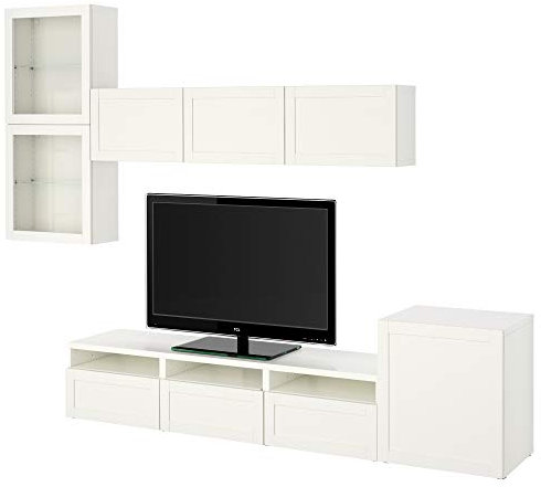 Ikea BESTÅ TV-Aufbewahrungs-Kombination / Glastüren, 300 x 42 x 211 cm, Weiß/Hanviken Weißes Klarglas