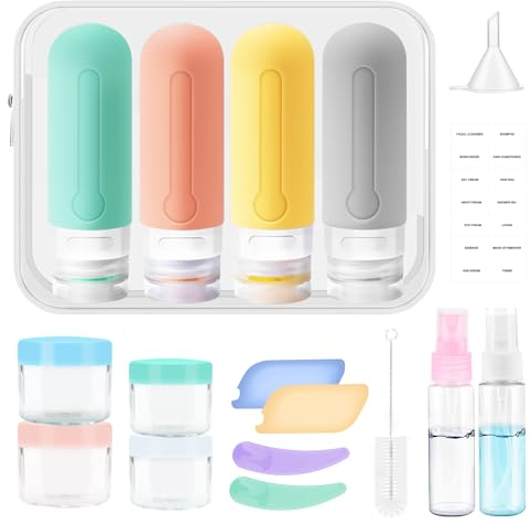 18 Pack Travel Bottles for Toiletries, Dalugo BPA Free Leak Proof Refillable Travel Containers, Squeeze Silicone Travel Toiletry Bottles for Shampoo Conditioner Lotion Soap