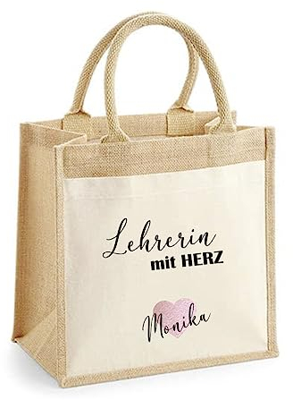 minimutz Geschenk Dankeschön Lehrer-in mit Herz | Jutetasche Baumwolle mit Name personalisiert | Kleine Geschenk-Tasche Abschied Kita Kindergarten Lehrerin mit Herz