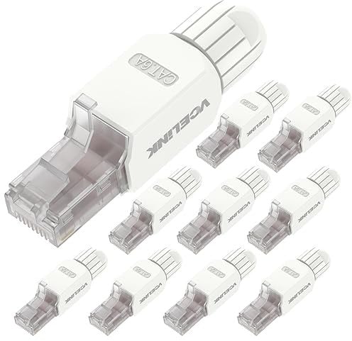 VCELINK Tool-Free RJ45 Connectors Toolless Cat6A Modular Plug Gold Plated Cat6A Ethernet Cable Ends for 23-26 AWG Network Cable 10 Pack