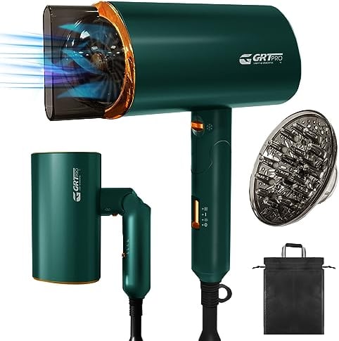 Secador Pelo Viaje Ionico 2200W Plegable Secador con Difusor y Boquilla Concentradora, Cerámica Luz Azul Portátil y Compacto Secado Rápido Brillante y Suave Para Viajes y Uso Doméstico verde
