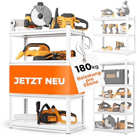 STEELmania Schwerlastregal - Leichter, schneller Aufbau [Ultra stabil] Metallregal weiß mit Vier Ebenen - Vorratsregal Lagerregal Kellerregal I Jetzt Regal wählen 122x86x45