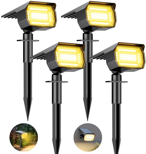 btfarm 4 Pezzi 72LED Faretti Solari a LED da Esterno, 3 Livelli di Luminosità Lampade Luci Solari da Giardino Potenti, IP65 Impermeabile Lampada Lampioni Solare per Cortile, Alberi, Bianco Caldo