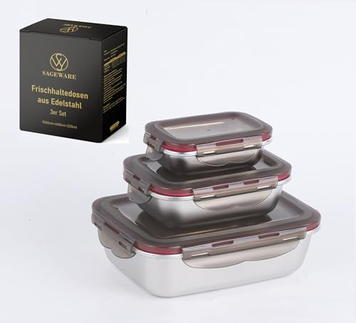 Sageware Frischhaltedosen aus Edelstahl mit Deckeln 3er Set Meal Prep Boxen Vorratsdose Luftdicht Lebensmittelbehälter 1500ml+600ml+220ml