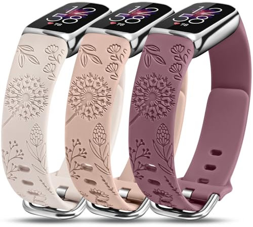 Minyee 3 Packs Floral Engraved Bands Compatible with Fitbit Luxe, Luxe Special Edition Fitness Tracker, Cute Sport Silicone Strap Dandelion Designer Summer Wristband for Women