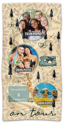 PR Print Royal Badetuch personalisiert mit Fotos und Namen - On Tour - Handtuch Bedrucken, Geschenkidee für Freunde, Camper, Camping Geschenk | Personalisiertes Fotohandtuch - 140 x 70 cm