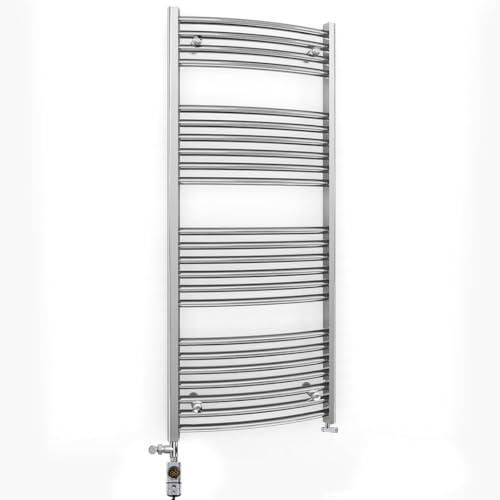 400mm Wide Curved Chrome Electric Dual Fuel Bathroom Towel Rail Radiator Heater With AF Thermostatic Electric Dual Fuel Element UK (400 x 1200 mm)