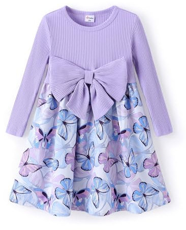 PATPAT Vestito Bambina con Stampa Floreale - Abito Elegante con Fiocco per Compleanno, Feste e Vacanza, Viola 4-5 Anni Taglia 104-110