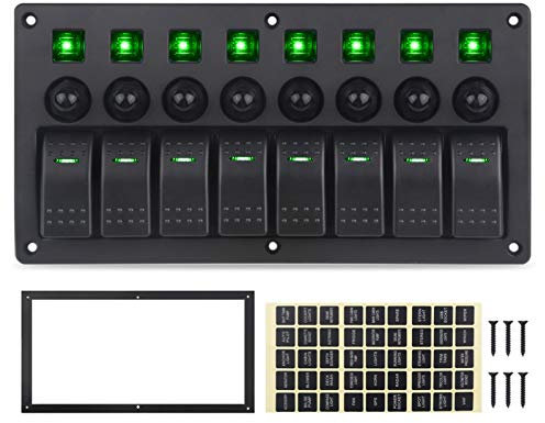 MUEOSI for Jeep, Panneau de Commutation 8 Gangs 12 V 20 A 24 V 10 A étanche Marche/arrêt 5 Broches Bateau Voiture Panneau à Bascule 12 V avec disjoncteurs Tableau électrique(Green)