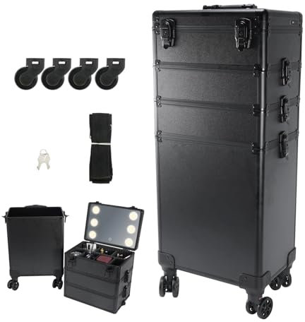 LEADZM Valise de Maquillage avec lumière LED Prise USB Professionnel 4-en-1, Aluminium Mallette Cosmétique, Verrouillable, roulettes à 360°, pour Voyages, Manucure, Maquilleur, Coiffure