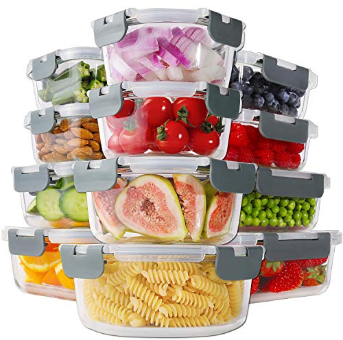 HOMBERKING 24pc Borosilicate Glass Food Storage Containers with Snap Locking Lids, Glass Meal Prep Containers, Airtight Lunch Boxes, Oven, Freezer and Dishwasher Safe, BPA Free, Kitchen Storage Set