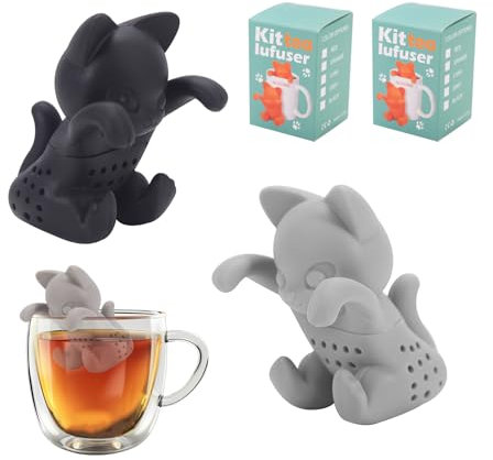 YFaith 2 Piezas Colador Té, Forma de Gato 3D, Filtro Té para Taza Extraíble, Silicona Infusionador de Té, Negro y Gris, para Tetera, Taza de Té, Regalo