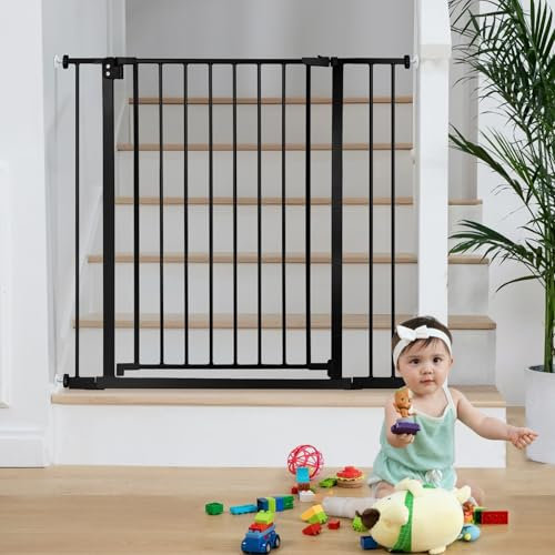 COMOMY Treppenschutzgitter ohne Bohren, 75-103cm Türschutzgitter für Kinder und Hund, Kindergitter mit 7cm und 14cm Verlängerungen, 90° Stop, Selbstschließend, 76cm Hoch (Schwarz)