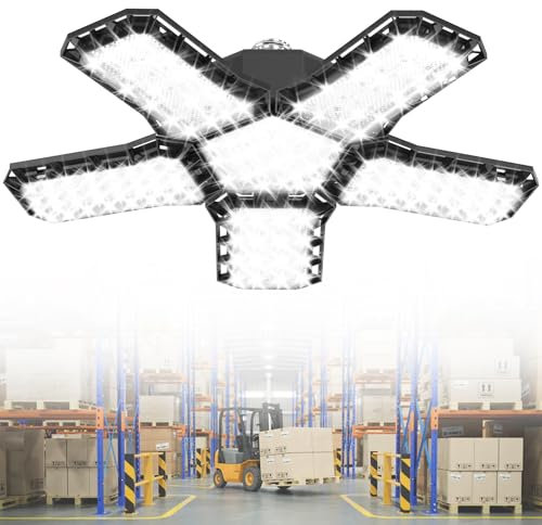 YRHome LED Werkstattlampe Faltbare Werkstatt Deckenleuchte Kaltweiß 6500K Garagenlampe Verformbare Deckenlampe Garagenleuchten E26/E27 für Lager Werkstatt - mit 4 Verstellbaren Paneelen - 60W - 1 PCS
