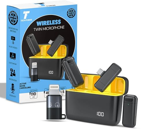 Tech Forge 2 x Wireless Microphones For Iphone, Android, Ipad With Charging Case | Wireless Mic With Noise Redcution & Crystal Clear Sound | Clip on Microphone Perfect For Vlogging, Youtube, Tik Tok