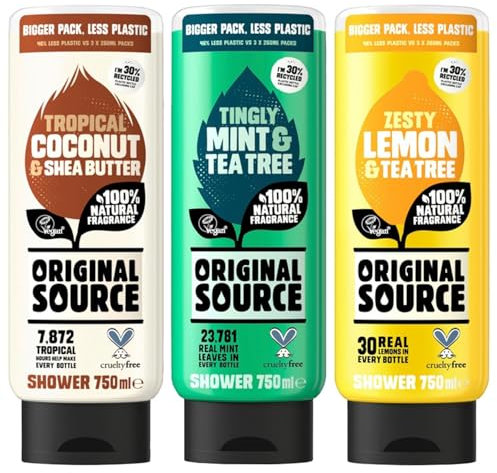 Original Source Shower Gel Giftset Bundle, 3 x 750ml, Coconut & Shea Butter, Tingly Mint & Tea Tree, Zesty Lemon & Tea Tree, Natural Ingredients, Refreshing & Moisturizing Body Wash, for Men & Women