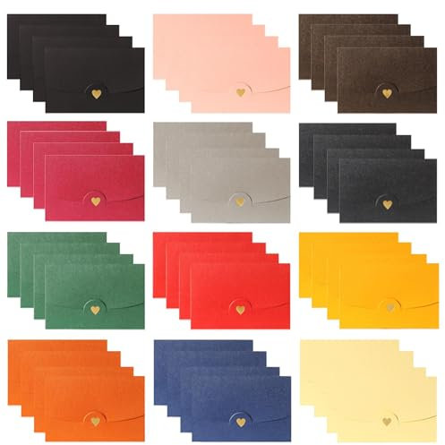 48 Stück Mini Briefumschläge, Bunte Briefumschläge, Geschenkkarte Umschlag mit Herz Verschluss für DIY Valentinstag Geschenkkarten Einladung Dankeskarten