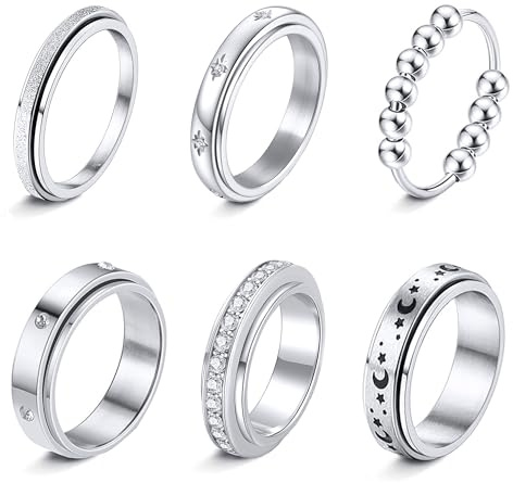 LOFITOR 6 Stück Angst Anti-Stress Ringe Fidget Anxiety ADHS Ring Set | Drehbare Spinner Anti Angst Swivel Ringe Aus Edelstahl Für Damen Und Herren Mit Zirkonia, Mond Und Stern