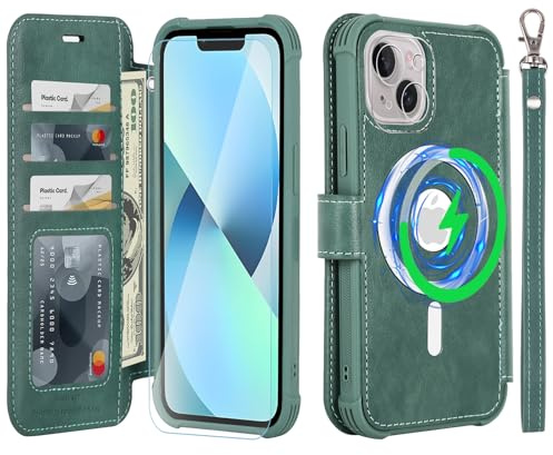 VANAVAGY Wallet Case for iPhone 14/13 for Magsafe,Forest green | PU Leather Flip,Slim,12ft Drop Protection,RFID Blocking Card Holder,Magsafe Wireless Charging,Includes Screen Protector