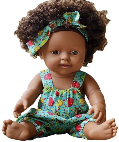 Muñecas Negras de bebé, muñeca de bebé Realista Africana Estadounidense de 12 Pulgadas con Vestido, Cabello móvil y Cabello Rizado de Piel Oscura de Piel Oscura para niños Regalos para niños