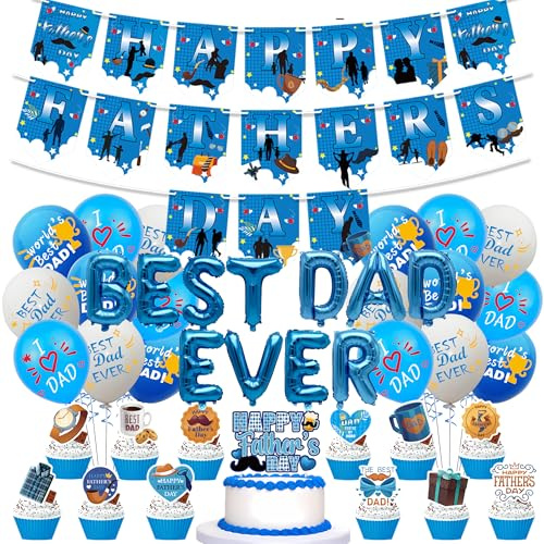 PAUBLLON Vatertagsdekorationen – Vatertagsbanner und Luftballons, Best Dad Ever-Luftballons, Kuchendekoration, Happy Father's Day Wimpelkette für Papa, Party, Zuhause, Bar, Outdoor-Dekorationen (A)