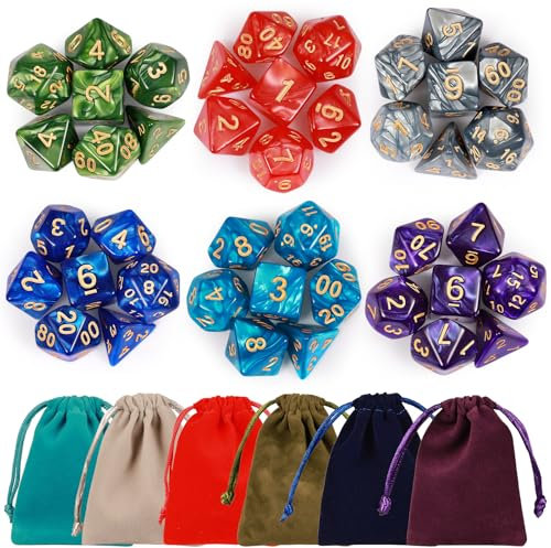 Polyedrische Würfel Set, 6 x 7 (42 Stück) DND Dice mit 6 Kordelzugbeutel, für Dungeons and Dragons Pathfinder DND RPG MTG, 6 Set DND Würfel von D4 D6 D8 D10x2 D12 D20