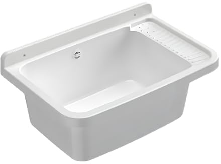 Buystar Lavandino Pilozzo a Muro Rettangolare in Resina - Sifone, Piletta, da Esterno, Interno, Vasca, Lavanderia, Garage, a Mano, Lavaggio, Resistente agli Acidi - Bianco (Dimensioni 50x35x24h cm)