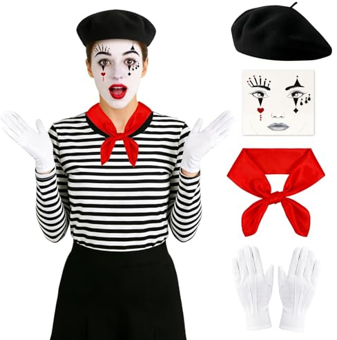 Capaneus Pantomime Kostüm Damen Herren, Accessoires Pantomime Baskenmütze Schwarz, Gesichtstattoo, Tuch Rot, Weiße Handschuhe für Damen Fasching Karneval Halloween Mottoparty Kostüm