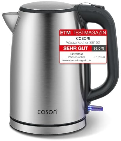 COSORI Bollitore Elettrico in Acciaio Inox 1,7 Litri, Contatto con l'Acqua Senza Plastica, 2200 W, Tecnologia del Strix, Base Girevole a 360°, Argento-Nero