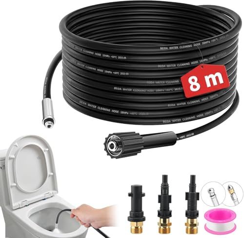Sonda Sturatubi per Idropulitrice, 8M Tubo per Idropulitrice 400 Bar/5800 PSI con 3 Adattatori, 2 Ugelli e 1 Nastro in Teflon, Compatibile con Kärcher K2-K7, Lavor, Bosch, Parkside per Uso Domestico