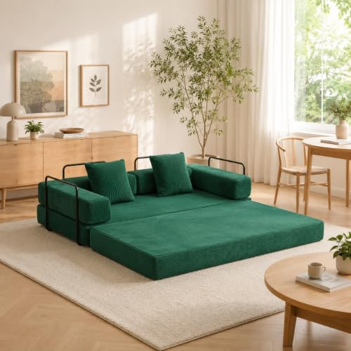 Sinaopus Sofa 4-in-1 Wohnzimmersofa mit Bettfunktion – faltbares Cord SchlafsofaBequemes & modernes Schlafsofa aus Cord – ideal für kleine Räume (dunkelgrün)