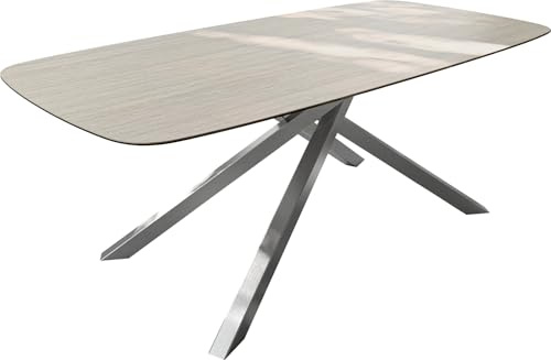 DELIFE Outdoortisch Edge Boot 200x100 cm Keramik Laminam® Travertino Bianco Creme-Weiß Kreuzgestell Rechteck Edelstahl