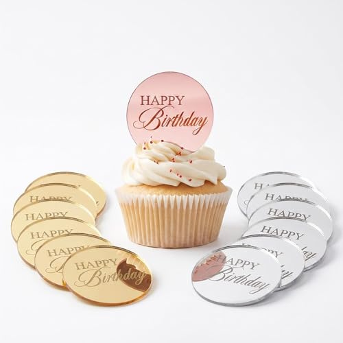 30 Pcs Round Mirror Acrylic Cupcake Toppers, Gold Rose Gold Silver Happy Birthday Cake Decorations, 2 Inch Disc Pastry Topper for Party Anniversary Dessert