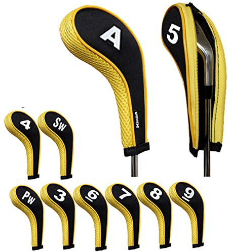 Andux Number Print Golf Iron Club Head Covers Zipper Long Neck 10pcs/set Black/yellow