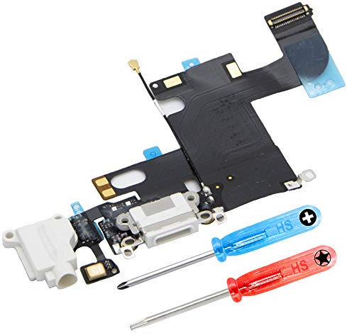 MMOBIEL Connecteur de Charge Compatible avec iPhone 6 2014 - Dock Connector - Câble Nappe de Rechange - avec Jack Audio/Microphone/Antenne Remplacement - INCL. Tournevis - Blanc