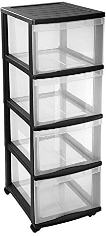 Sundis Optimo Schubladenturm mit 4 Schüben und Rollen, Kunststoff (PP), transparent / schwarz, (38,5 x 30 x 85,3 cm)