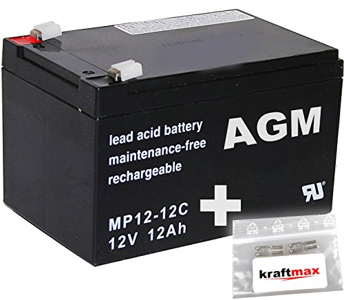 kraftmax 4X AGM 12V / 12Ah Blei-Akku - MP12-12C [ Faston 6,3 ] Zyklenfest inkl. 2X Original Anschluß-Adapter