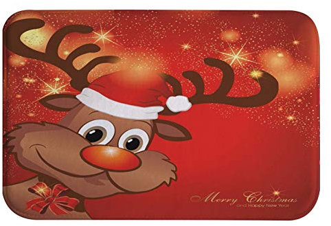 A.Monamour Badematten Badteppiche Badvorleger Rot Bokeh Hintergrund Niedlichen Cartoon Rentiere Weihnachten Urlaub Dekor Flanell Türmatte Runner Teppiche Matte Für Badezimmer Bad Küche 40x60cm