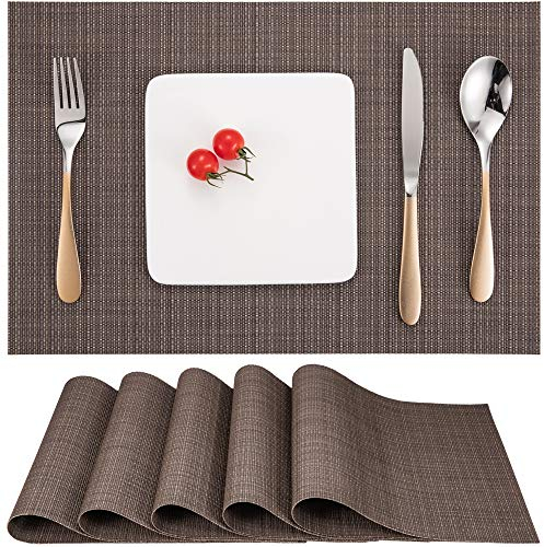 Myir JUN Tischsets Abwaschbar 6er Set, Gewebte Platzdeckchen Abwaschbar rutschfest Abgrifffeste Hitzebeständig, Vinyl Platzsets für küche Speisetisch Hotel, Platz-Matten 30x43.5cm (Brown 2)