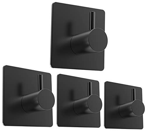 ZUNTO Ganci Adesivi Ganci Portasciugamani Senza Foratura Gancio asciugamano con Acciaio Inox Gancio Appendiabiti per Cucina e Bagno, Nero（4 Pezzi